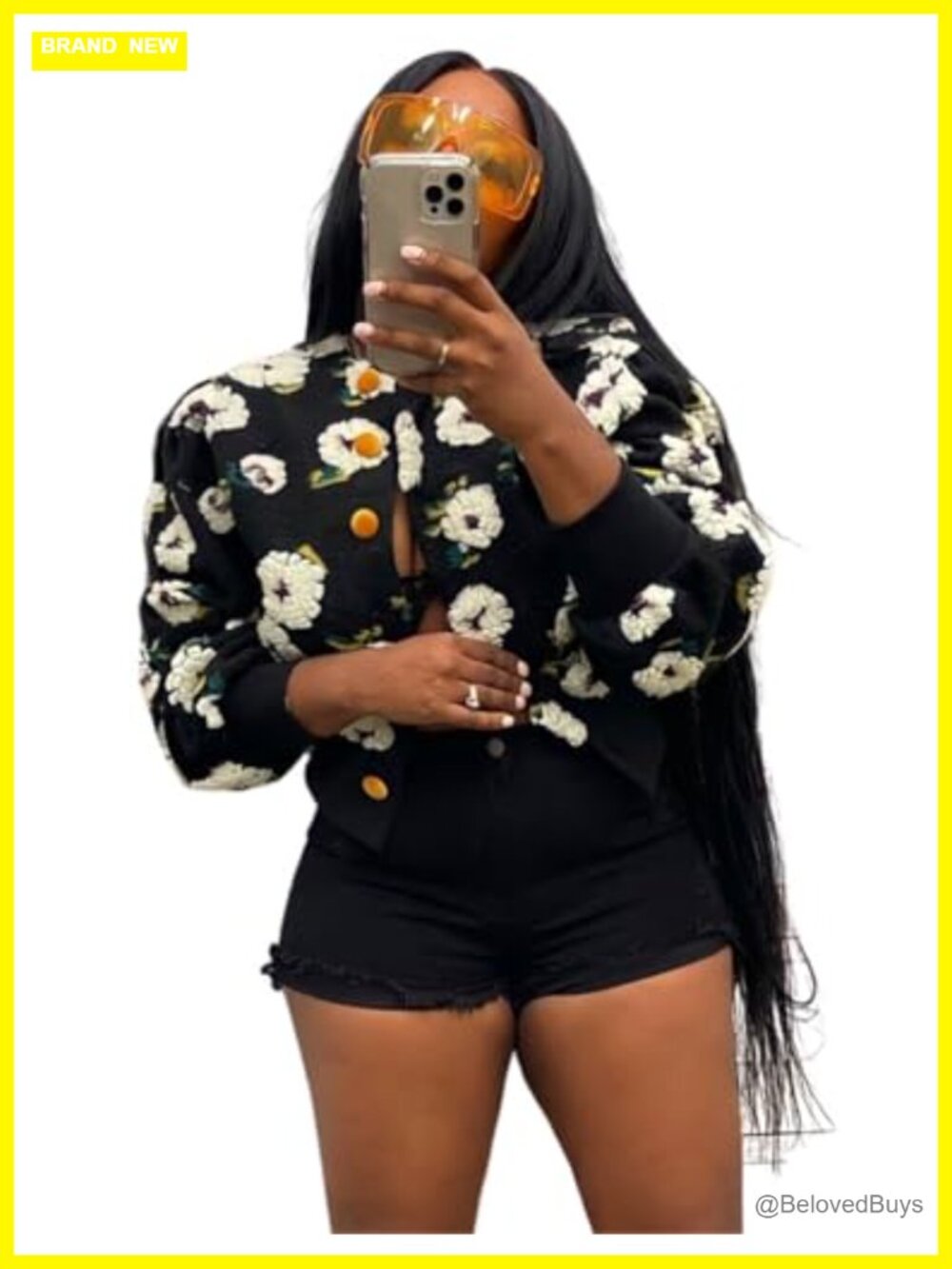 Cropped 3D Floral Bomber Jacket with Puff Sleeves and Button Down